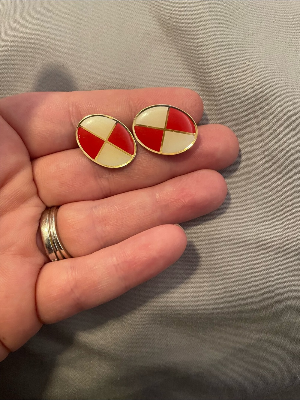 Vintage Red and Cream Enamel Oval Clip-On Earrings